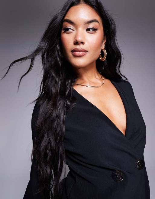 ASOS DESIGN ribbed flared sleeve gold button detail jersey blazer in black