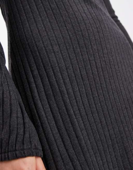 ASOS DESIGN ribbed fluted sleeve skater mini dress in charcoal