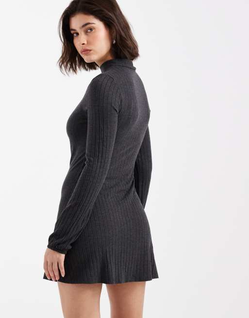 ASOS DESIGN ribbed fluted sleeve skater mini dress in charcoal