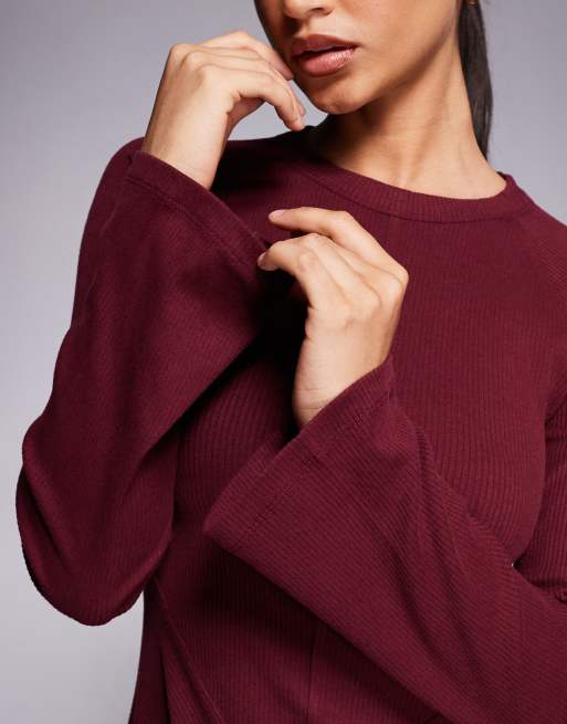 ASOS DESIGN ribbed fluted sleeve skater mini dress with seam details in burgundy
