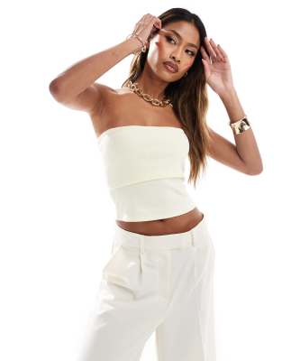 Asos Design Ribbed Fold Over Bandeau Top In Buttermilk-yellow