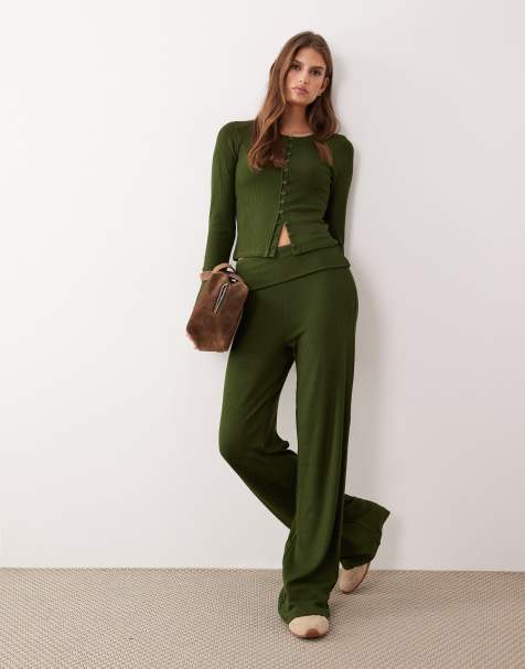 ASOS DESIGN ribbed fold over waist pants with ruched detail in dark olive - view 1