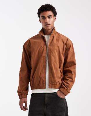 Asos Design Ribbed Funnel Neck Bomber Jacket In Brown