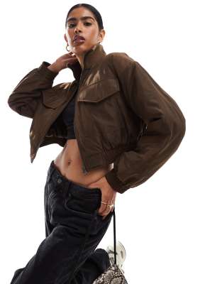 ribbed funnel neck cropped bomber jacket in tan-Black