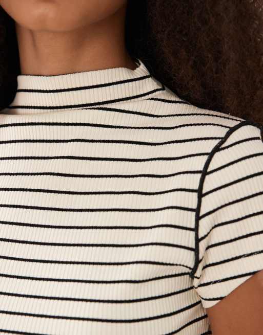 ASOS DESIGN ribbed funnel neck top with exposed seam in black and cream stripe, 3 of 4