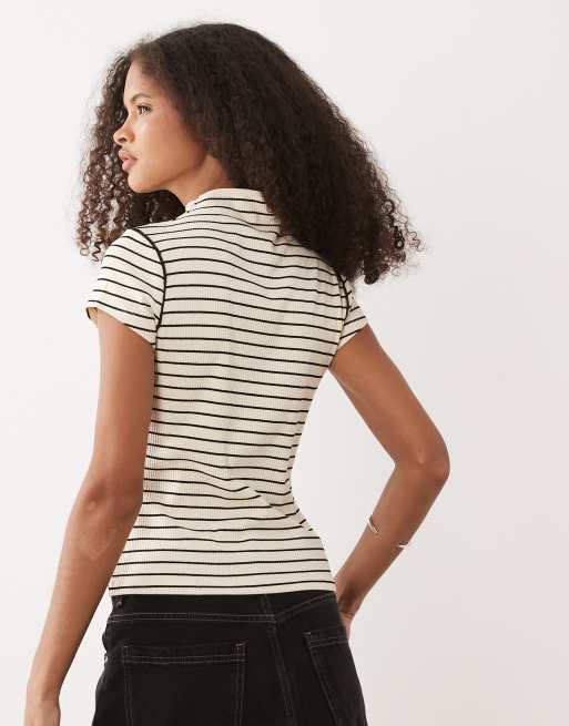 ASOS DESIGN ribbed funnel neck top with exposed seam in black and cream stripe, 4 of 4