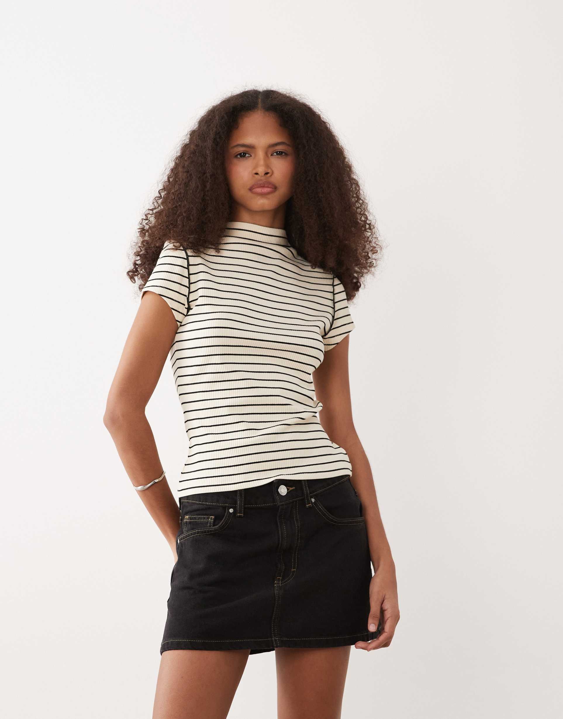 asos design ribbed funnel neck top with exposed seams in black and cream stripes