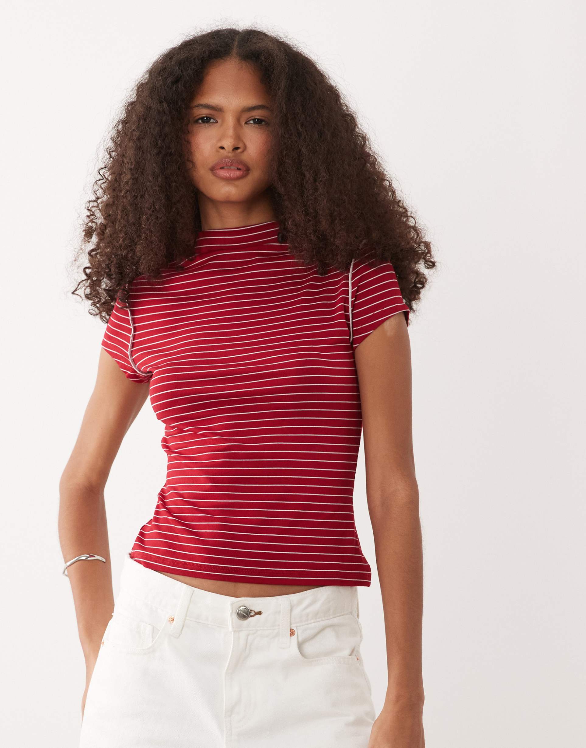 asos design ribbed funnel neck top with exposed seams in red and white