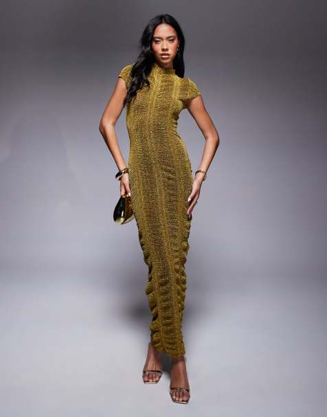ASOS DESIGN ribbed glitter cap sleeve midi bodycon dress in gold - view 1