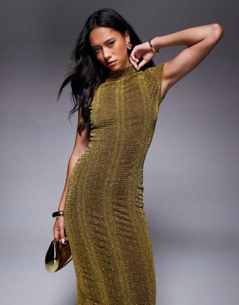 open lace back dress Oriana Metallic Gold Foil Knit Maxi Dress