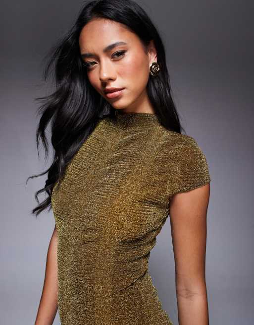 ASOS DESIGN ribbed glitter cap sleeve midi bodycon dress in gold