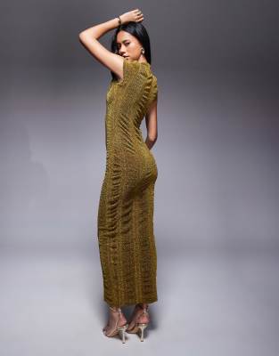 ASOS DESIGN ribbed glitter cap sleeve midi bodycon dress in gold