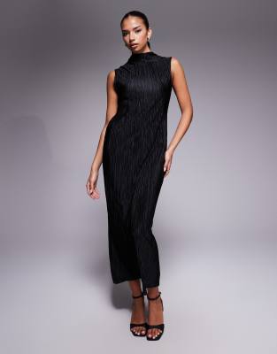 Asos Design Ribbed Grown On Neck Midi Dress In Black