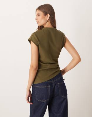 Asos Design Ribbed Grown On Neck Top With Ruched Side In Green