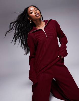 Asos Design Ribbed Half Zip Long Sleeve Top In Burgundy - Part Of A Set-red