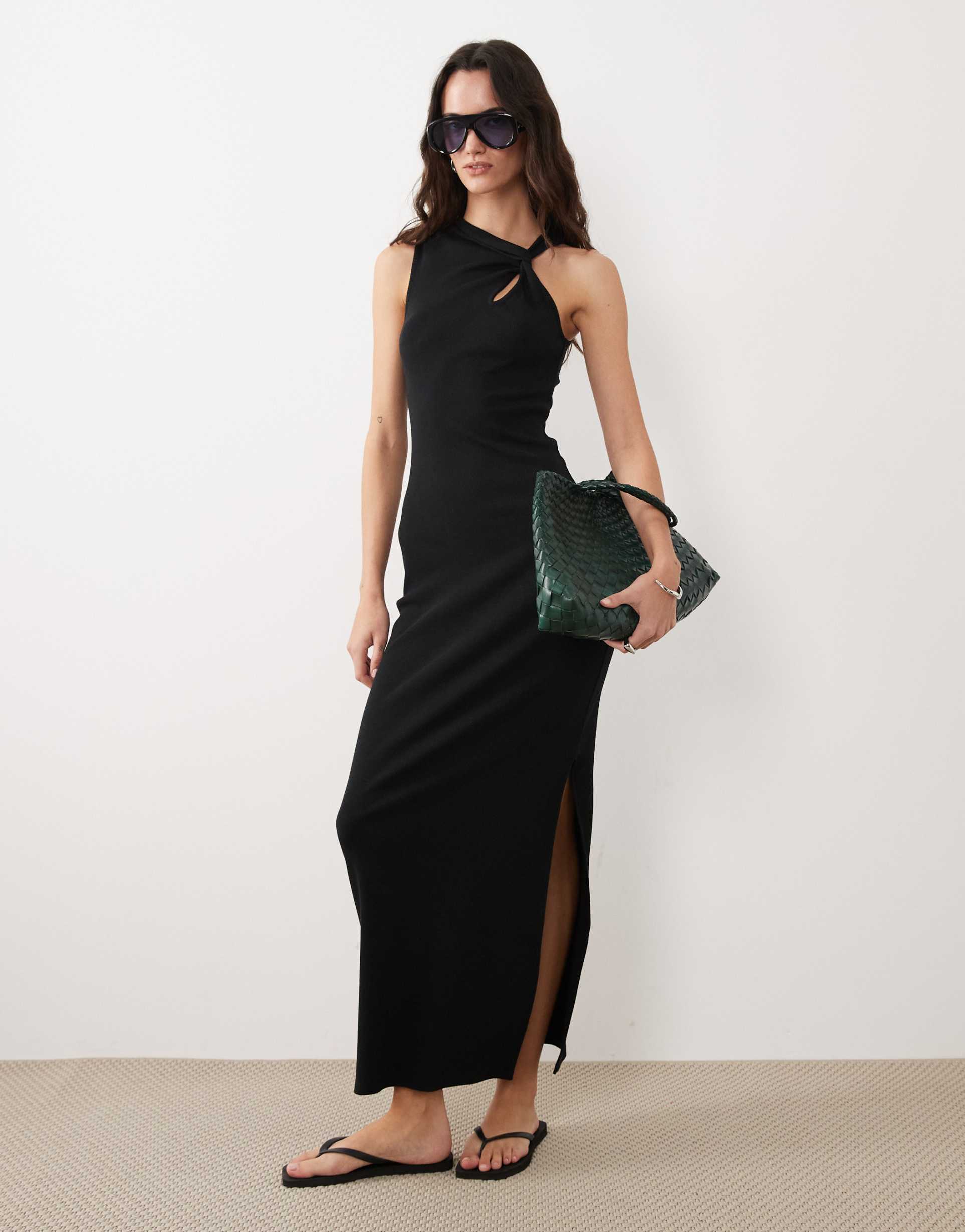 asos design ribbed halter neck midaxi dress with keyhole detail in black