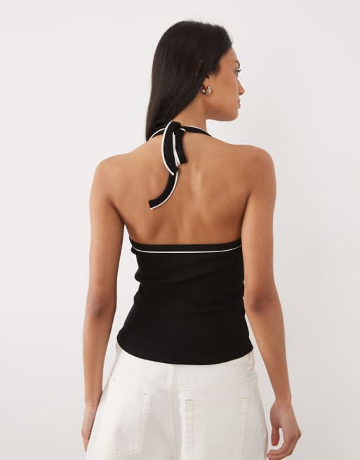 ASOS DESIGN ribbed halter neck top with contrast piping in black, 4 of 4