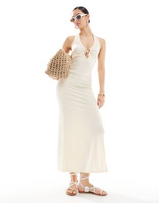 Asos Design Ribbed Halterneck Cut-out Midi Dress With Bead Trim In White