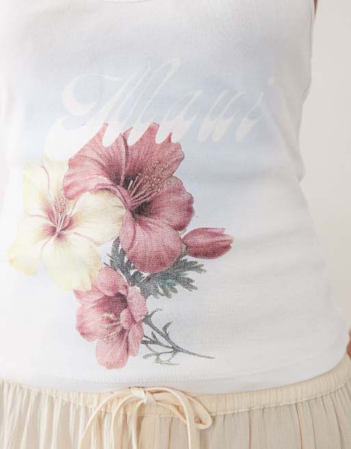 ASOS DESIGN ribbed halterneck singlet with Maui flower graphic in white, 4 of 4