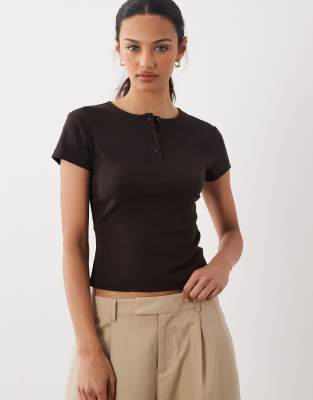Asos Design Ribbed Henley Detail Baby Tee In Brown