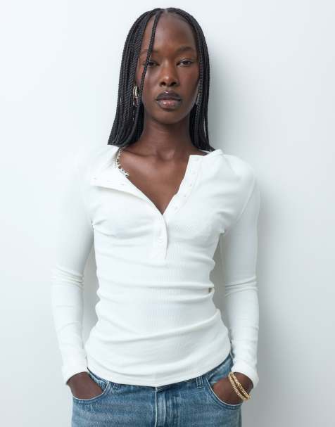 ASOS DESIGN ribbed henley long sleeve top in ivory - view 1