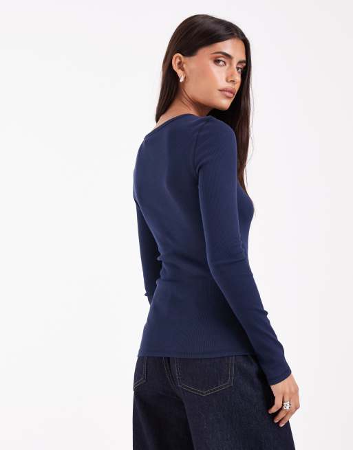 ASOS DESIGN ribbed henley long sleeve top in navy, 3 of 4