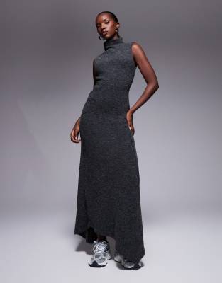 Asos Design Ribbed High Neck Asymmetric Hem Maxi Dress-gray
