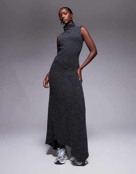 ASOS DESIGN ribbed high neck asymmetric hem maxi dress - view 1