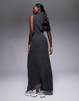Asos Design Ribbed High Neck Asymmetric Hem Maxi Dress-gray In Gray