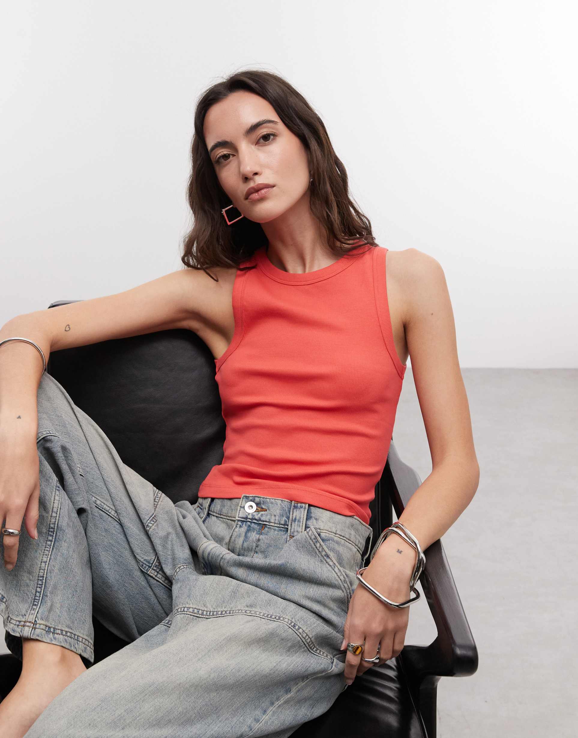 asos design ribbed high neck racer tank top in coral pink