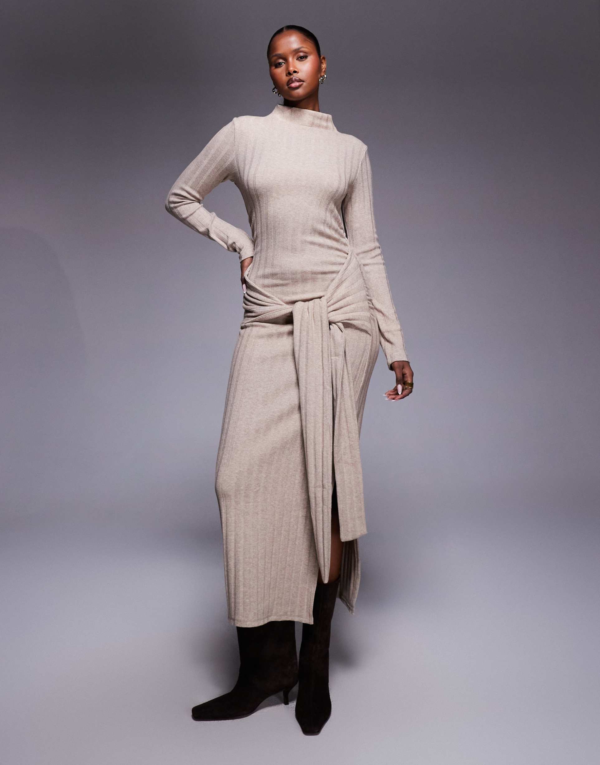 asos design ribbed high neck tie front midi dress in neutral