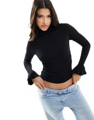 Asos Design Ribbed High Neck Top With Flared Sleeve In Black In Black