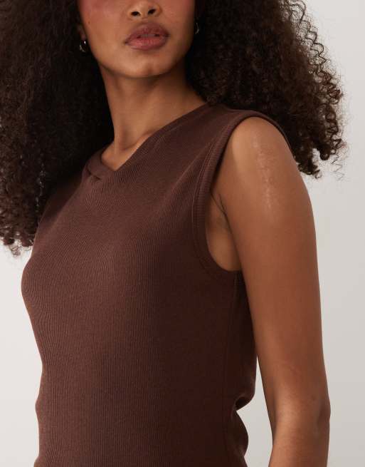 ASOS DESIGN ribbed high v neck mini dress in brown, 3 of 4