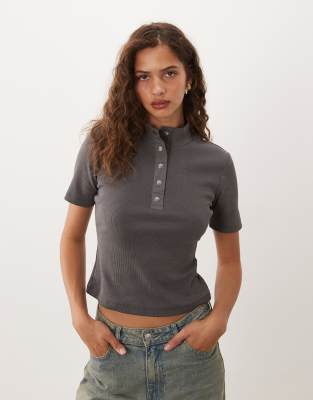 Asos Design Ribbed Jersey Polo Top In Gray