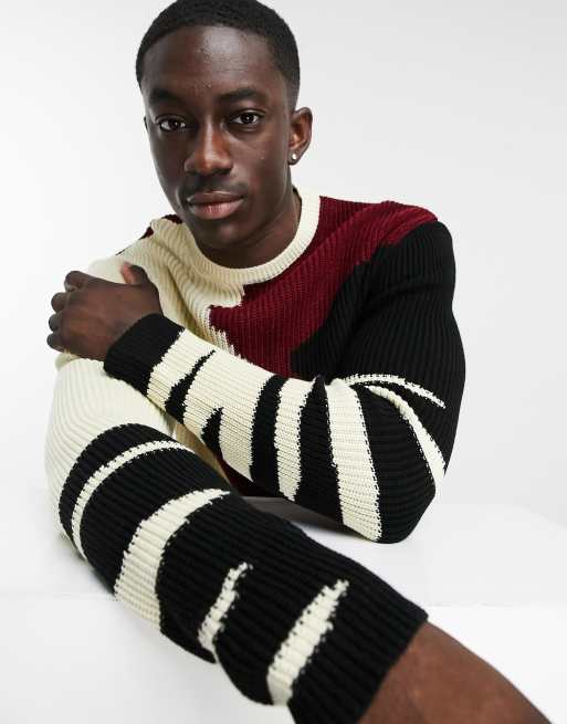 ASOS DESIGN ribbed jumper with abstract pattern and contrast sleeve