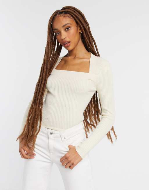 Square Neckline Ribbed Sweater White