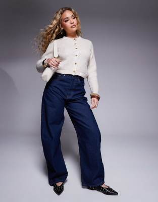 Asos Design Ribbed Knit Cardigan With Gold Buttons In Oatmeal-white