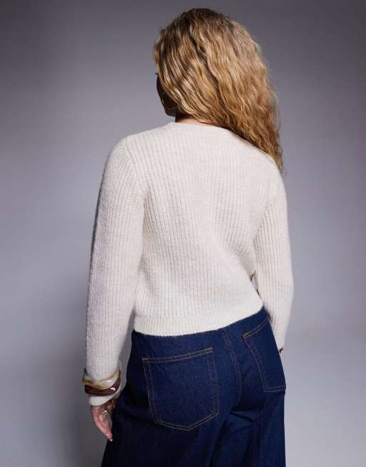 ASOS DESIGN ribbed knit cardigan with gold buttons in oatmeal, 4 of 4