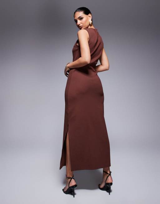 ASOS Design ribbed knit midi dress with hardware detail in chocolate-Brown