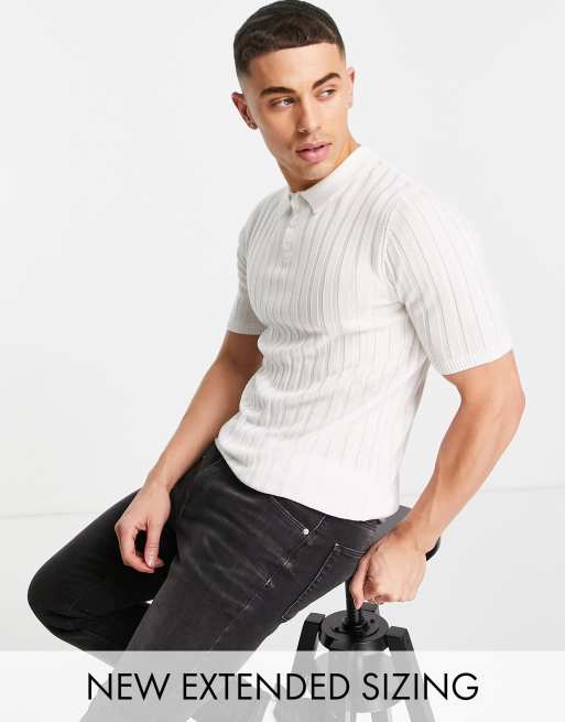 ASOS DESIGN ribbed knit polo shirt in white