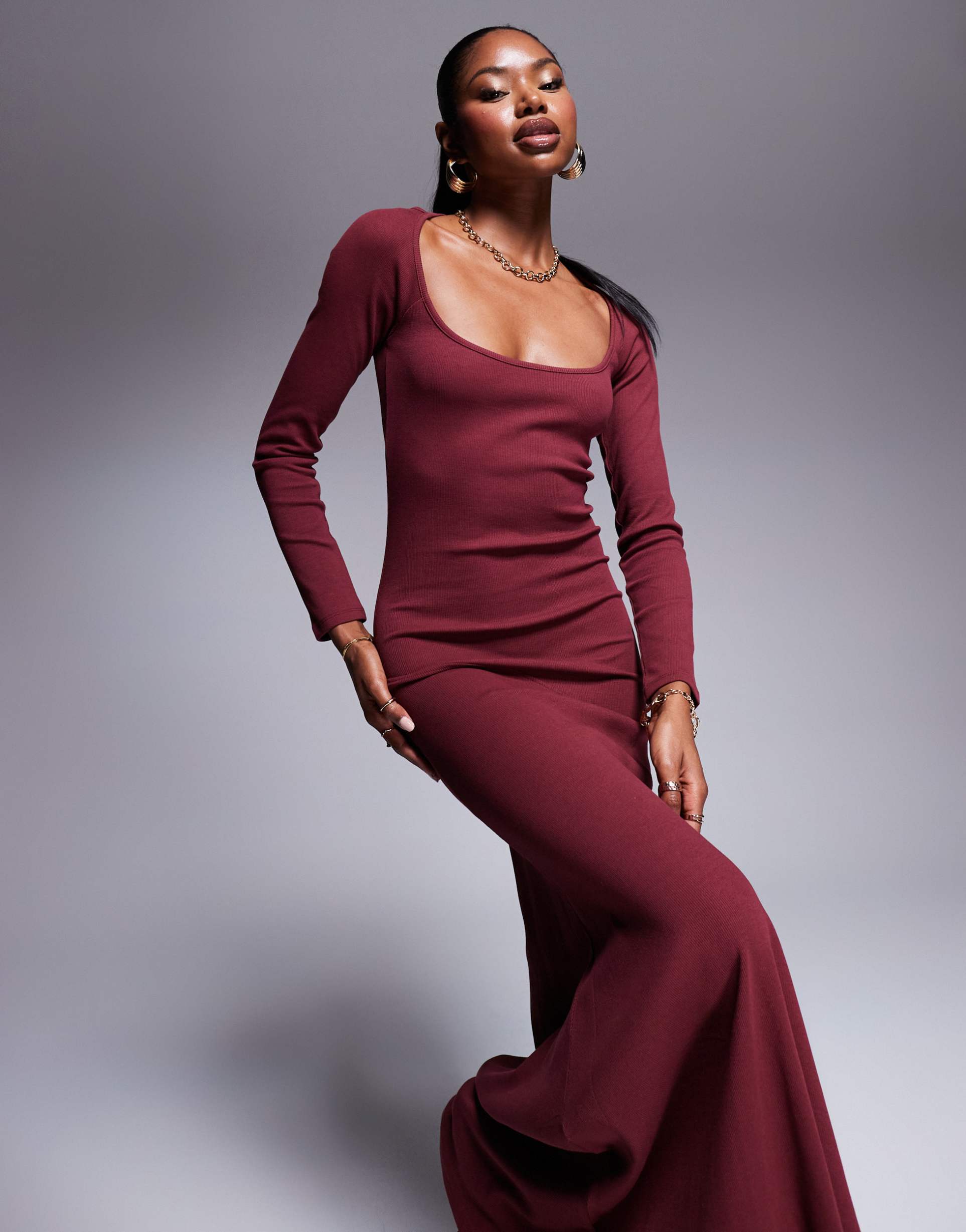 asos design ribbed long flare sleeve tie neck maxi dress in burgundy