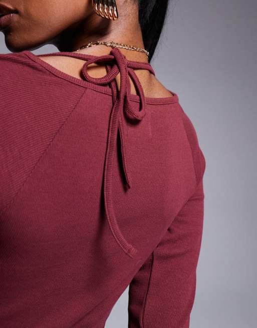 ASOS DESIGN ribbed long flare sleeve tie neck maxi dress in burgundy, 2 of 4