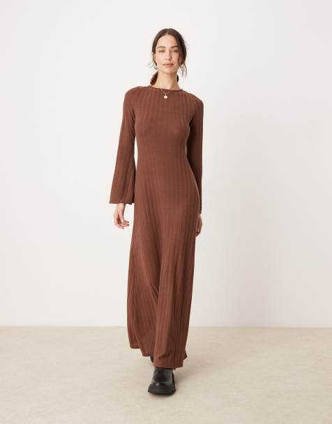 ASOS DESIGN ribbed long sleep open back maxi dress in brown - view 1