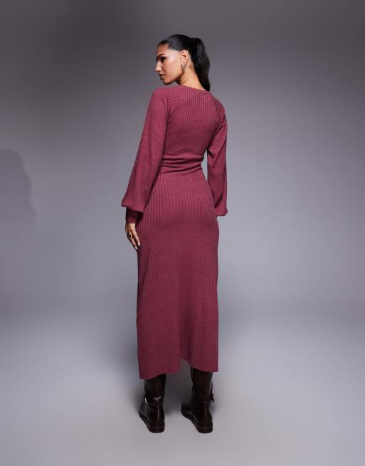 ASOS DESIGN ribbed long sleeve balloon sleeve maxi dress in burgundy, 4 of 4