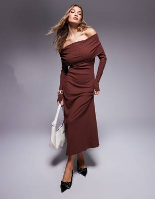 Asos Design Ribbed Long Sleeve Bardot Midi Dress In Burgundy - Asos Midi Dress New In 30th October 2024