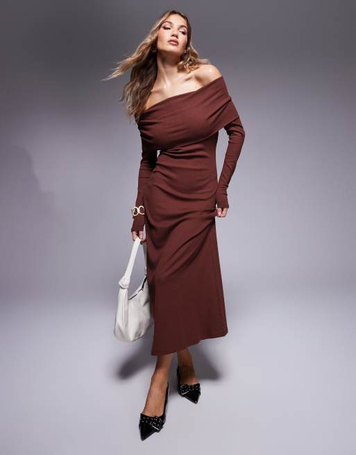 ASOS DESIGN ribbed long sleeve bardot midi dress in burgundy