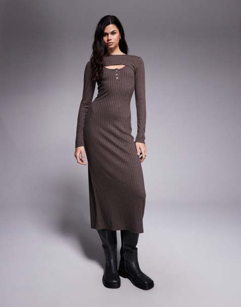 ASOS DESIGN ribbed long sleeve button scoop maxi dress with cardigan detail in chocolate - view 1