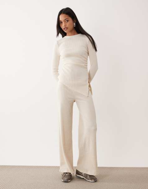 ASOS DESIGN ribbed long sleeve cinched waist top in cream - part of a set - view 1