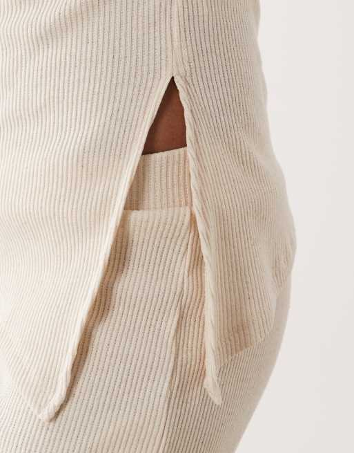 ASOS DESIGN ribbed long sleeve cinched waist top in cream - part of a set, 3 of 4