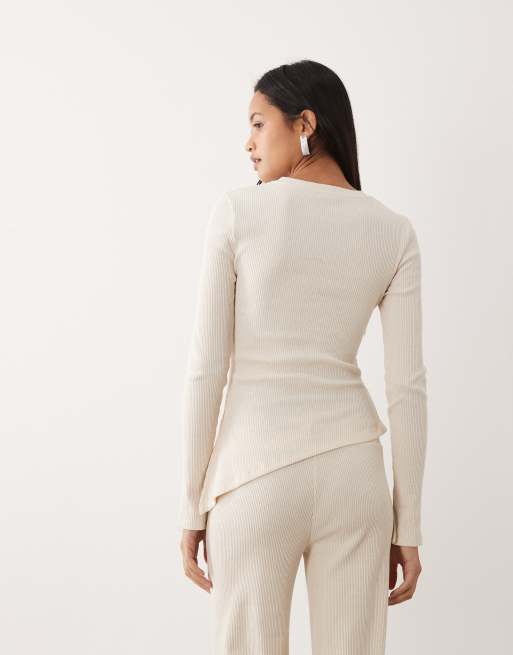 ASOS DESIGN ribbed long sleeve cinched waist top in cream - part of a set, 4 of 4